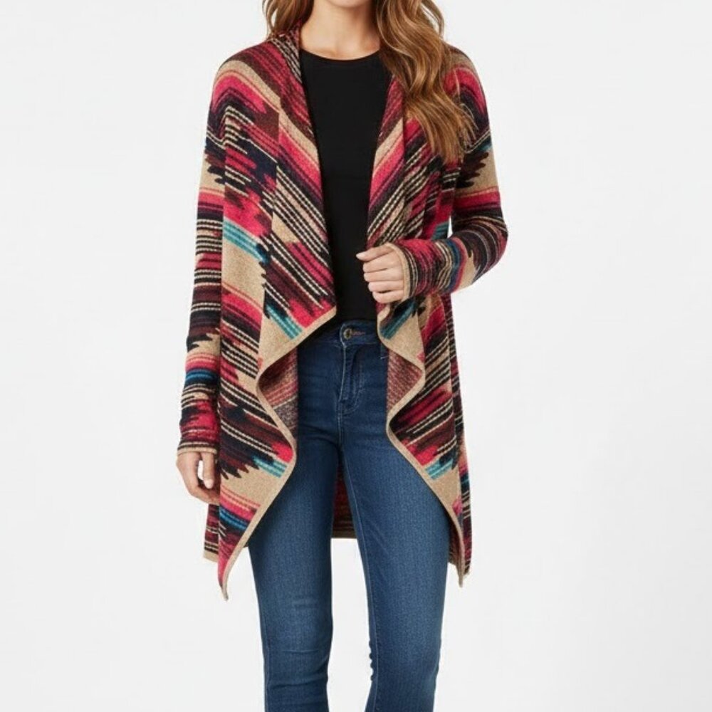 Lucky Brand Multicolor Aztec Open Front Drape Cardigan Size Medium Boho